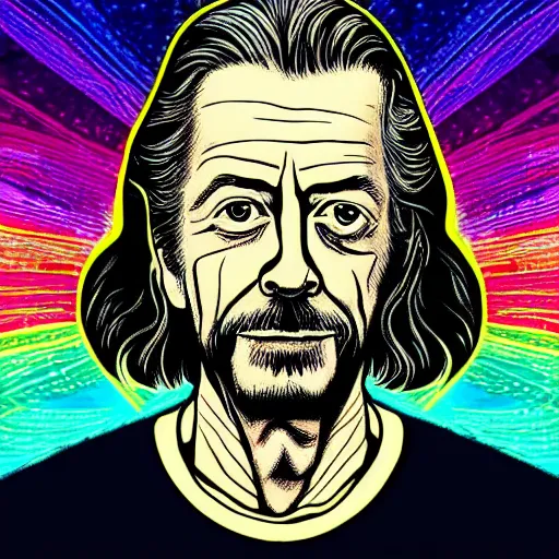 Image similar to alan watts in the style of alex grey