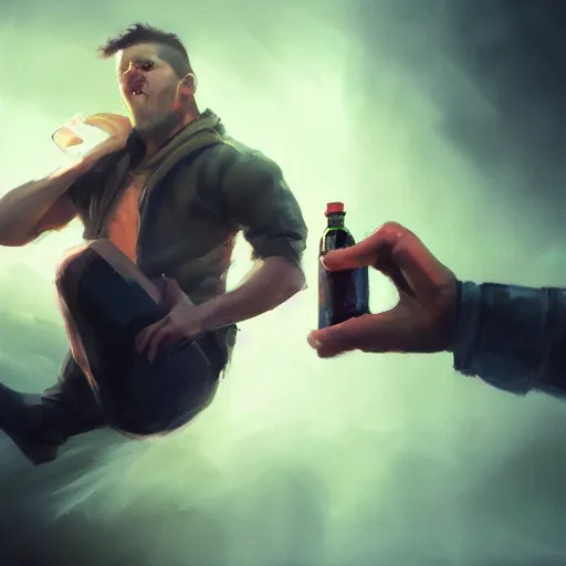 Prompt: artistic rendition of a man jumping in the while holding a bottle, dramatic lighting, trending on Artstation by Ross Tran