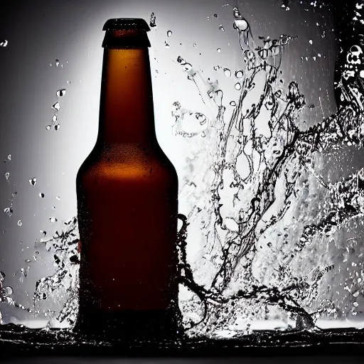 Prompt: a photo of a bottle of beer, product photo, splashes of liquid, energetic, delicate by marcel christ