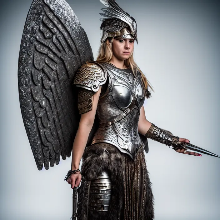 Prompt: full length portrait photograph of a real-life beautiful Valkyrie with wings and intricate armour. Extremely detailed. 8k