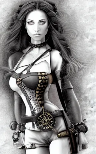 Image similar to pencil drawing of a steampunk girl, medium long shot, digital art, trending on artstation