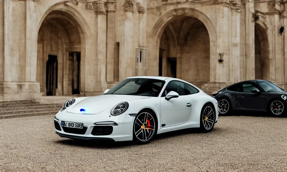 Image similar to closeup photo of a porsche 911 standing in a beautiful palace, dof, chromatic aberration