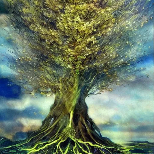 Prompt: an amano oil painting of a very wonderful perfect amazing incredible glorious beautiful mind flowing giant tree of heavenly grace