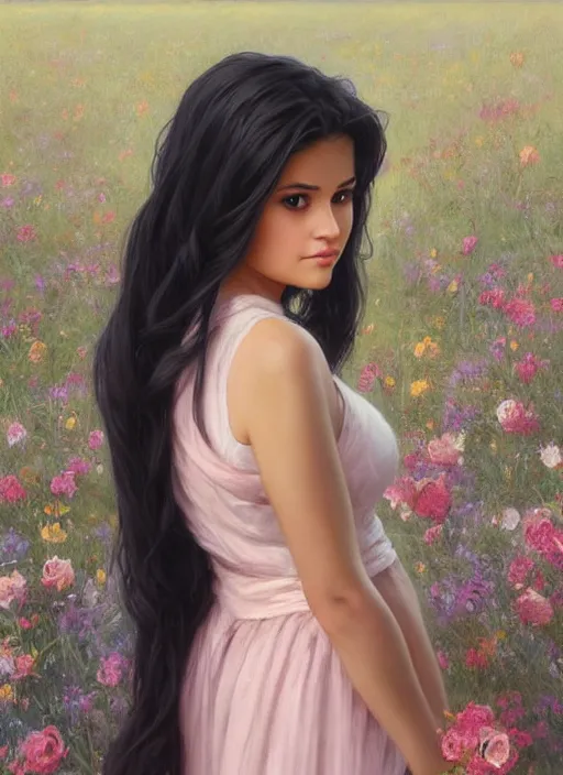 Prompt: beautiful thirty year old woman with long black hair, tan skin, curvy hourglass figure, round cute face, slight resemblance to selena gomez wearing a modest colorful disney princess gown in a field of flowers. beautiful painting by artgerm and greg rutkowski lois van baarle and bouguereau