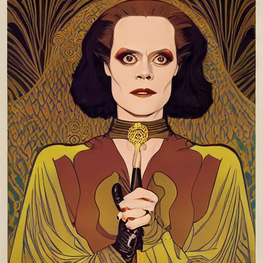 Image similar to portrait by joshua middleton of the young actress, sigourney weaver as ming the merciless, vamp, elegant, decadent, stylised comic art, klimt, mucha, 1 9 7 0 s poster,