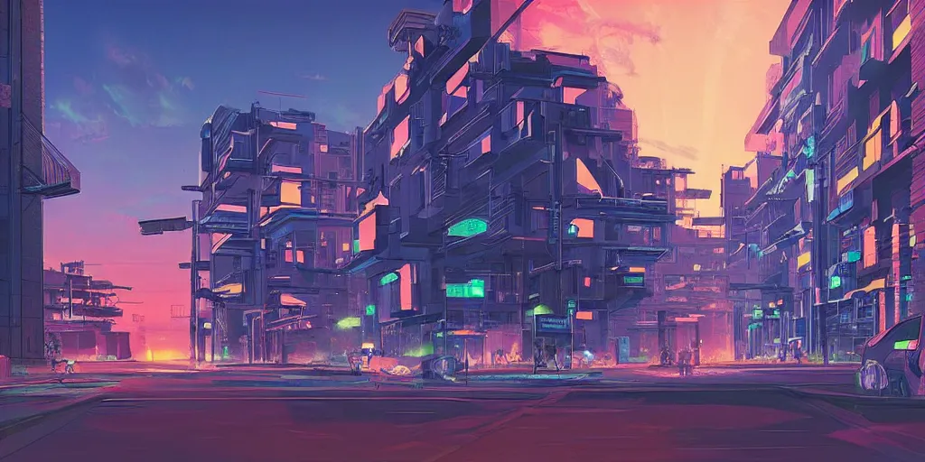 Prompt: brick apartment buildings street scene neon futuristic cyberpunk vaporwave tron glow sunset clouds sky illustration by syd mead concept art