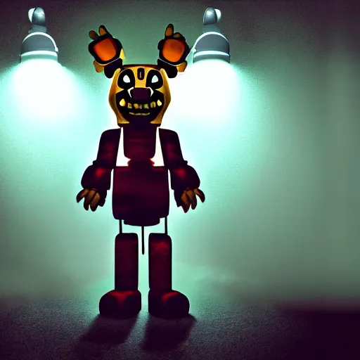 Image similar to /generate a photo of springtrap Freddy Fazbear by Simon Stalenhag, studio photography, dark grey background, softly backlit, gentle smoke effect.