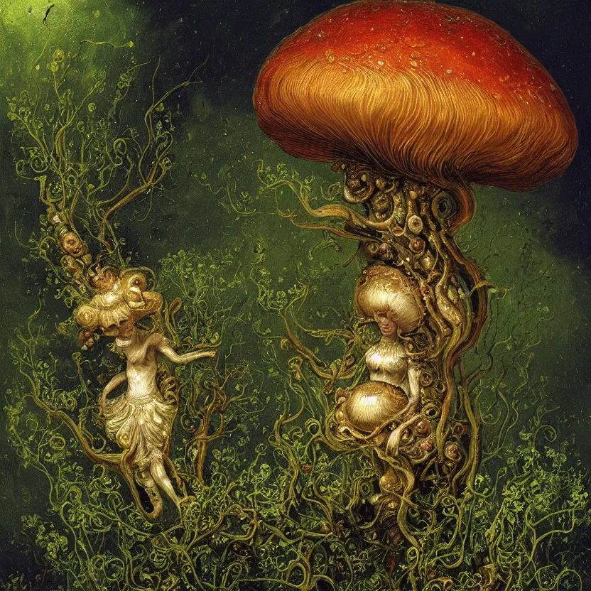 Prompt: a close - up rococo portrait of an iridescent mushroom alien elf - like creature with futuristic features standing in water, moss, and swamp. glowing eyes. night time. rich colors, high contrast. gloomy, highly detailed 1 8 th century sci - fi fantasy masterpiece painting by jean - honore fragonard, moebius, and johfra bosschart. artstation