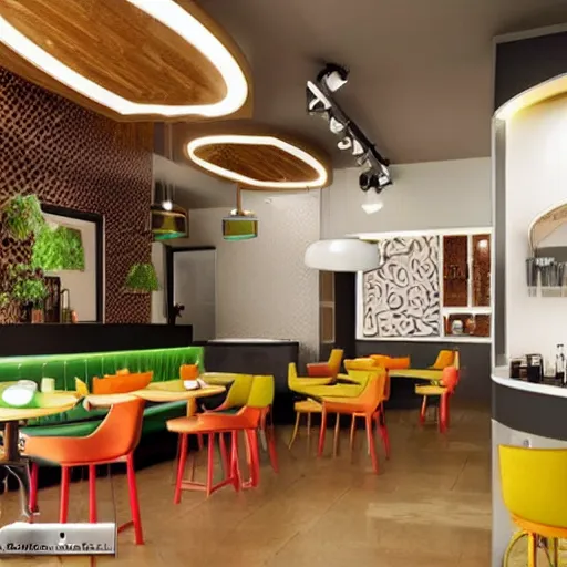 Image similar to caffe interior design, modern look, colorful, realistic