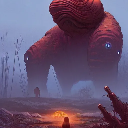 Image similar to giant creature lurking over a beautiful woman, epic science fiction horror by simon stalenhag and mark brooks, extremely detailed