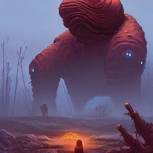 Prompt: giant creature lurking over a beautiful woman, epic science fiction horror by simon stalenhag and mark brooks, extremely detailed