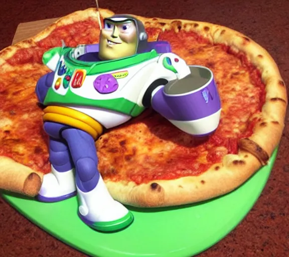 Prompt: buzz lightyear melting into a pizza with a look of shame and sadness on his face.