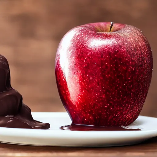 Image similar to photo of beautiful shiny red apple being covered in melted chocolate, 5 0 mm, beautiful photo