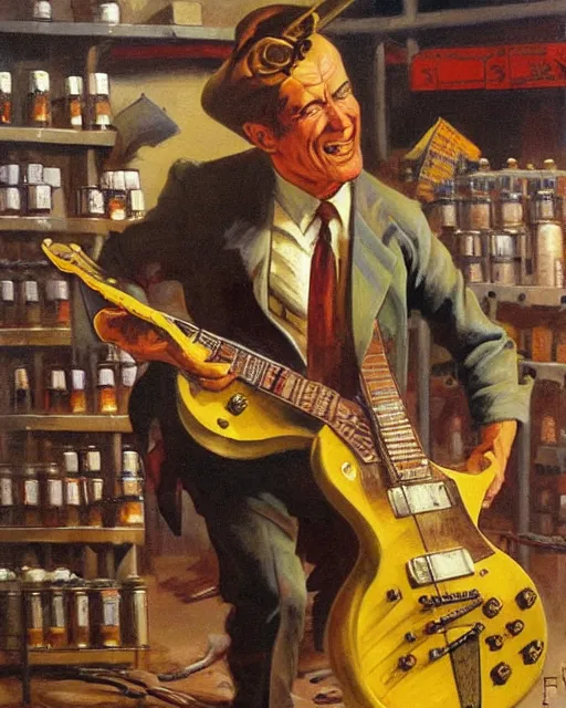 Image similar to Snake Oil salesman shredding on a Gibson Les Paul in a snake oil warehouse, snakes and oil everywhere, painting by Frank Frazetta