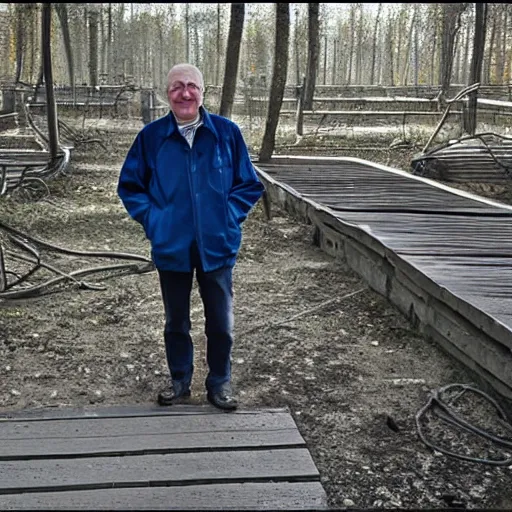 Prompt: a cheery man, on holiday at chernobyl, glowing background