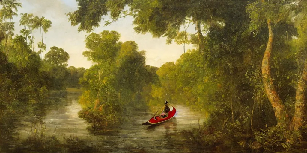 Prompt: painting of a gondola paddling through a river in the jungle