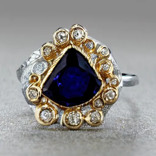 Image similar to a magnificent luxurious design of a female finger ring with a huge sapphire on which intricate patterns with interspersed small diamonds bend with a thin gold thread. hyper - realistic photo. full screen. very clear details.