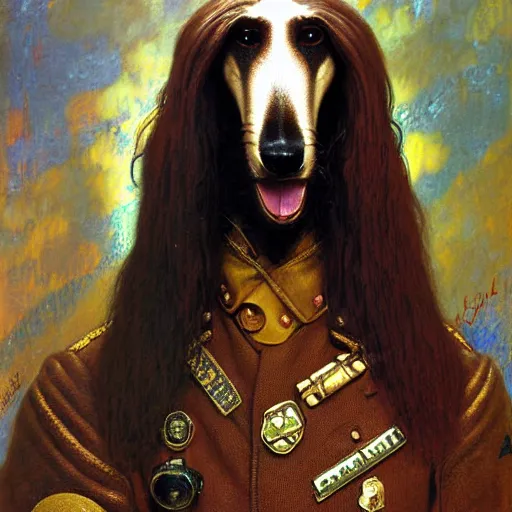 Image similar to portrait of a male furry afghan hound dog in a police uniform. shadowrun furaffiniy cyberpunk fantasy highly detailed painting by gaston bussiere craig mullins jc leyendecker gustav klimt artgerm greg rutkowski john berkey, bergey, craig mullins, ruan jia, raymond swanland, jeremy mann, tom lovell, alex malveda