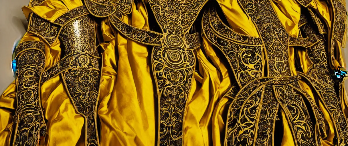 Image similar to hyperrealist highly detailed neo-baroque portrait of obscure high fashion warrior, etched bone armour, intricate silk robes with geometric trippy trippy patterns, concept art pascal blanche dramatic yellow lighting 8k wide angle shallow depth of field