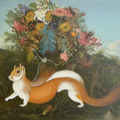 Image similar to a giant squirrel carrying napoleon on its back, beach scene with flowers and foliage, detailed oil painting