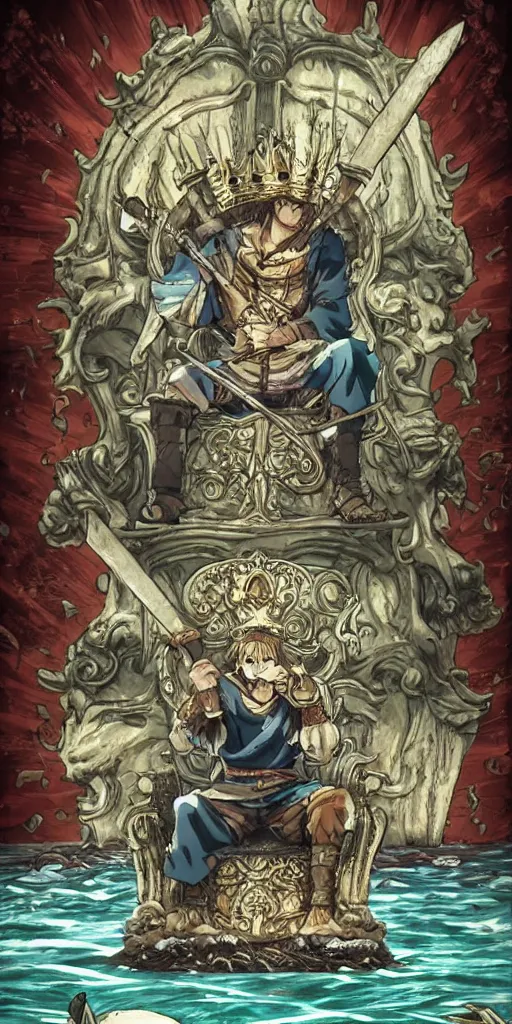 Image similar to a single lone king sitting on a throne floating on water in the middle of a lake drawn by Makoto Yukimura in the style of Vinland saga anime, full color, detailed, wide angle