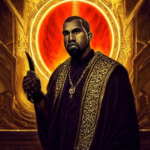 Image similar to Portrait of Kanye West as the god-emperor of mankind, amazing splashscreen artwork, splash art, natural light, elegant, intricate, fantasy, atmospheric lighting, cinematic, matte painting