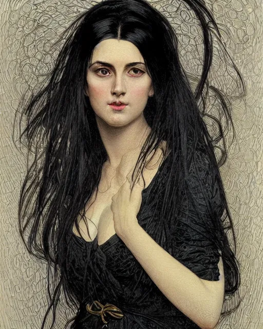 Prompt: portrait of a tall 4 0 - year - old woman with thin lips, long, lush black hair gathered on the head bun, and thick eyebrows, wearing in black clothes, aristocratic appearance, hyper realistic face, beautiful eyes, close up, fantasy art, in the style of greg rutkowski, intricate, alphonse mucha, hyper detailed, smooth