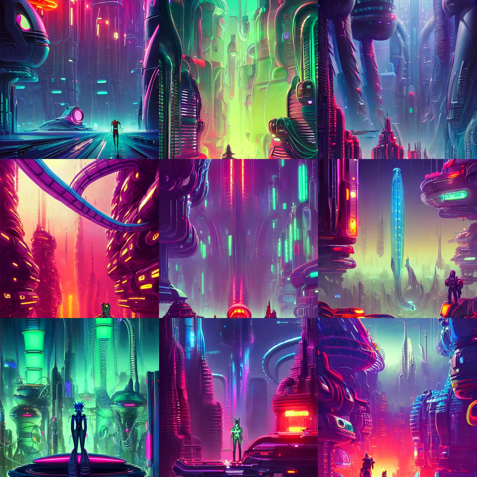Prompt: futurama heroes inside an scifi tentacles wires futuristic city, beautiful neon cats, cinematic, highly detailed, photorealistic, rich bright colors, trending on artstation, giger, tsutomu nihei, trending on cgsociety, awe inspiring bruce pennington cityscape, digital art painting of 1 9 6 0 s