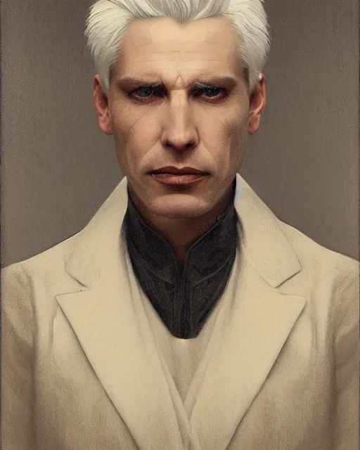 Prompt: portrait of 4 0 - year - old man with white hair with a pale complexion, pointed face and grey eyes, clear smooth face, no beard, wearing all black clothes, haughty facial expression, hyper realistic face, beautiful eyes, close up, fantasy art, in the style of greg rutkowski, intricate, alphonse mucha, hyper detailed, smooth