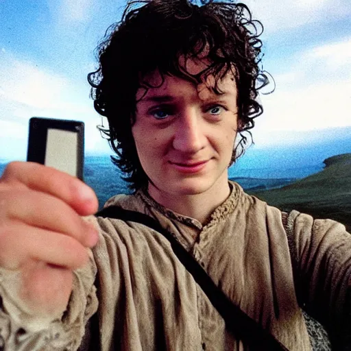 Prompt: Frodo taking a selfie after destroying the one Ring at Mount Doom, photograph, go pro, fire , lava, self portrait, in the style of the Lord of the Rings movies