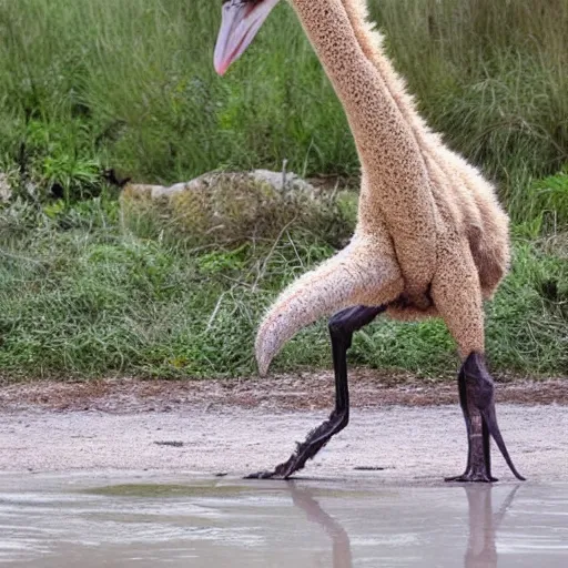 Image similar to bipedal ostrich and crocodile hybrid animal, real photo, taken in zoo