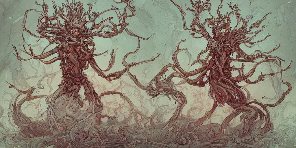 Image similar to epic concept illustration of a fungus god, by james jean. uhd, amazing depth, cinematic lighting, glossy wet levitating floating fungus god with arms outstretched.