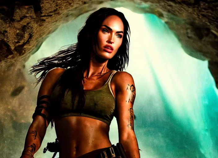 Image similar to film still of!!!! megan fox!!! as lara croft in new tomb raider movie, closeup portrait, exploring interior of torchlit atlantis underwater temple, glamour pose, dramatic lighting, octane, mist, volumetric lighting, 8 k