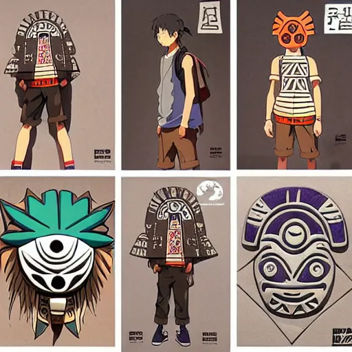 Image similar to sneaker design designed by studio ghibli, aztec mayan street fashion native punk sneaker design, majora's mask, wearing wooden mask, hip hop sneaker design with subtle mayan patterns, gapmoe yandere grimdark, trending on pixiv fanbox, painted by greg rutkowski makoto shinkai takashi takeuchi studio ghibli, akihiko yoshida