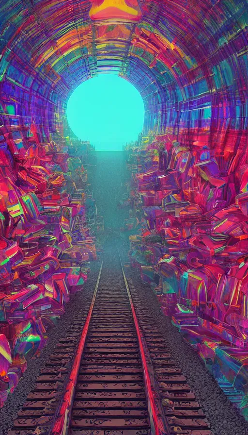 Image similar to a train driving through a psychedelic tunnel, by beeple,