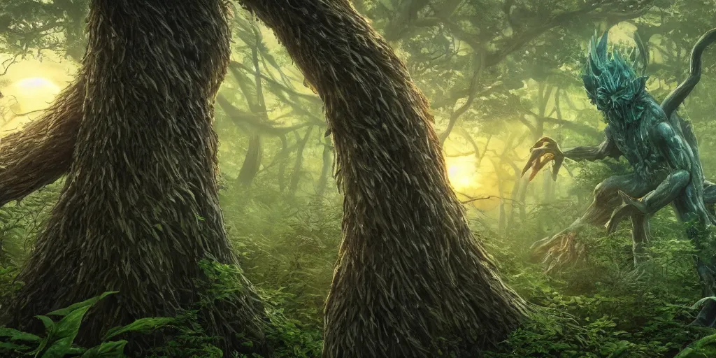 Prompt: close up of a giant spirit monster rising from a forest. tree branch in foreground. tree top perspective. 4 k, artgerm, high detail, dramatic lighting, sunset, hayao miyazaki, masashi ando, nizou yamamoto, kazuo oga, joe hisaishi, yoji takeshige, naoya tanaka