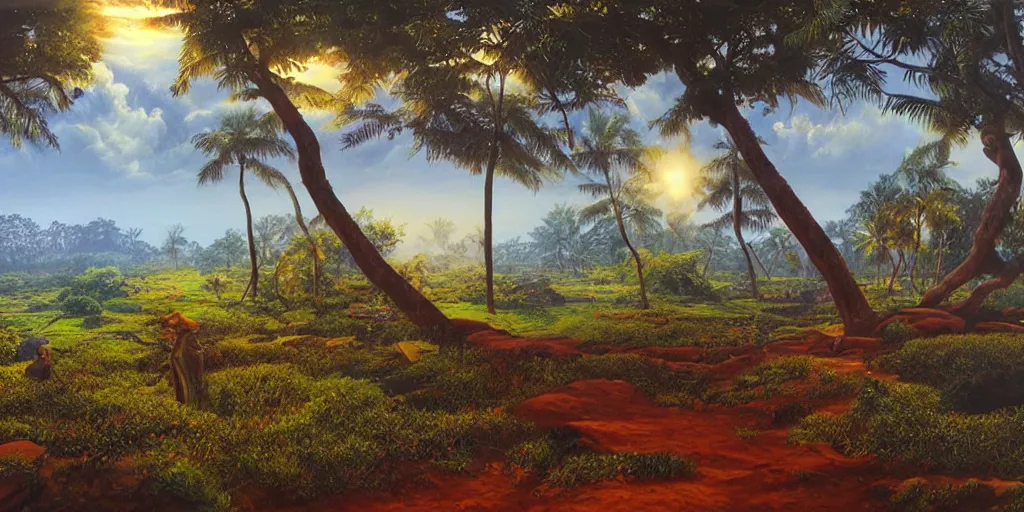 Image similar to sri lankan landscape, volumetric lighting and shadows, concept art, realistic oil painting by alex grey