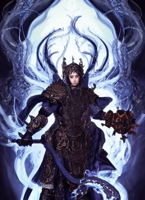 Prompt: high intricate middle aged blue eyed male priest with white baroque armor and black garment fighting a fire demon, maria panfilova, andrea savchenko, mike kime, ludovic plouffe, qi sheng luo, oliver cook, trending on artstation