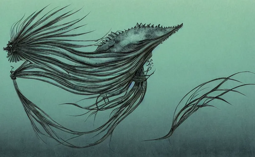 Prompt: creepy fish by shaun tan, side view, style of yoshitaka amano john kenn mortensen takato yamamoto junji ito gediminas pranckevicius