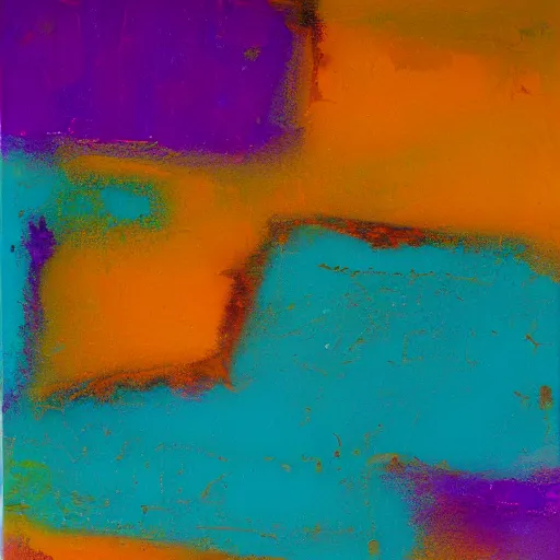 Prompt: a beautiful abstract turquoise, purple, orange and yellow impasto textured painting by gerhard richter, texture