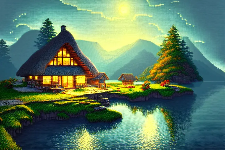 Image similar to view of a cottage above an azure lake, beautiful detailed pixelart by albertov and by wlop, intricate details, dithered gradients, beautiful, volumetric lighting, cgsociety, artstation
