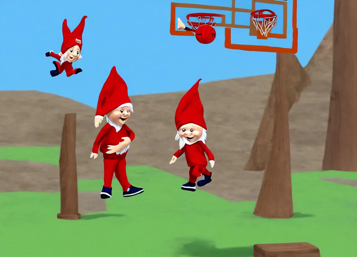 Prompt: gnome dunk jumping over a basketball player cartoon