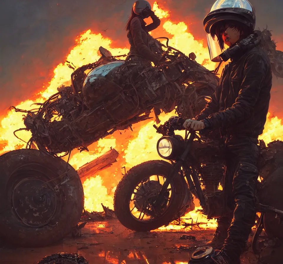 Image similar to a ultradetailed beautiful panting of post apocalyptic biker with helmet in front of crashed airplane burning, by ilya kuvshinov, greg rutkowski and makoto shinkai, trending on artstation