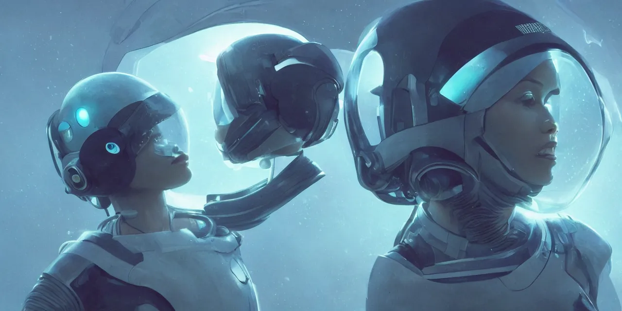 Image similar to Zoe Kravitz with short hair as a futuristic astronaut, helmet with led lights, underwater in the ocean at night, dark water, volumetric lighting, glowing lights, 4k, octane, digital painting, artstation, concept art, sharp focus, illustration, cinematic film still, art by artgerm and greg rutkowski and alphonse mucha , wide angle view,