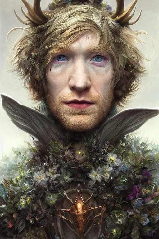 Image similar to closeup portrait shot of domhnall gleeson as puck, robin goodfellow, pooka, fairy wings, highly detailed, digital painting, artstation, concept art, soft focus, depth of field, artgerm, tomasz alen kopera, peter mohrbacher, donato giancola, wlop, boris vallejo