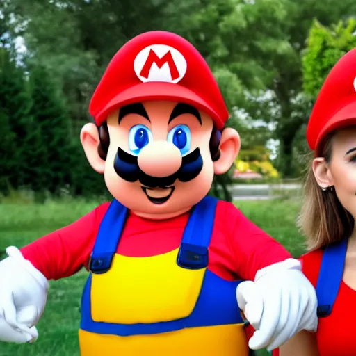Prompt: two young woman wearing Mario costume 4K