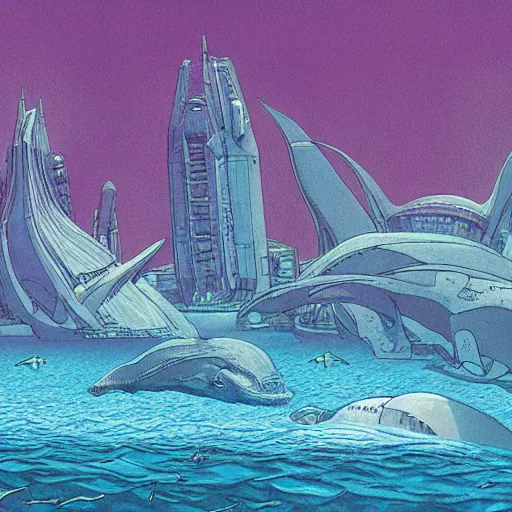 Prompt: a futuristic underwater city, with whales swimming by, by Moebius