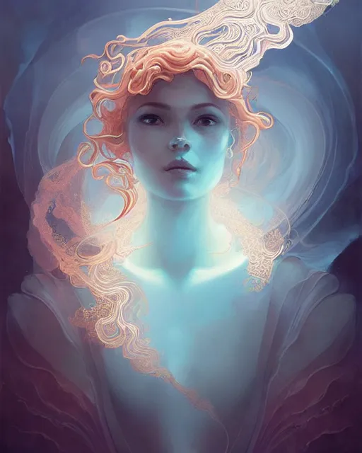 Prompt: Rose Gold intricate lace smoke portrait, swirling underwater polygon fantasy art by peter mohrbacher and artgerm, radiant halo of light