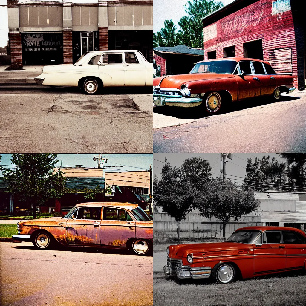 Prompt: A photograph of an old rusty Buick parked in the parking lot of an small mid-western town by William Eggleston. 35mm film.