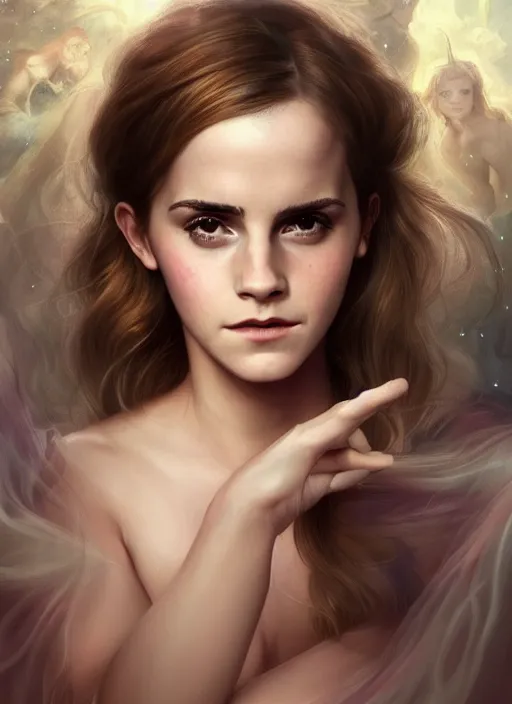 Image similar to emma watson as nature magic celestial, bottom up pose, long hair, soft pink and white transparent cloth, space, D&D, shiny background, intricate, elegant, highly detailed, digital painting, artstation, concept art, smooth, sharp focus, illustration, artgerm, bouguereau